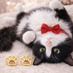 18K Gold Plated Paw Print Stud Earrings Stainless Steel Hypoallergenic Dog Cat